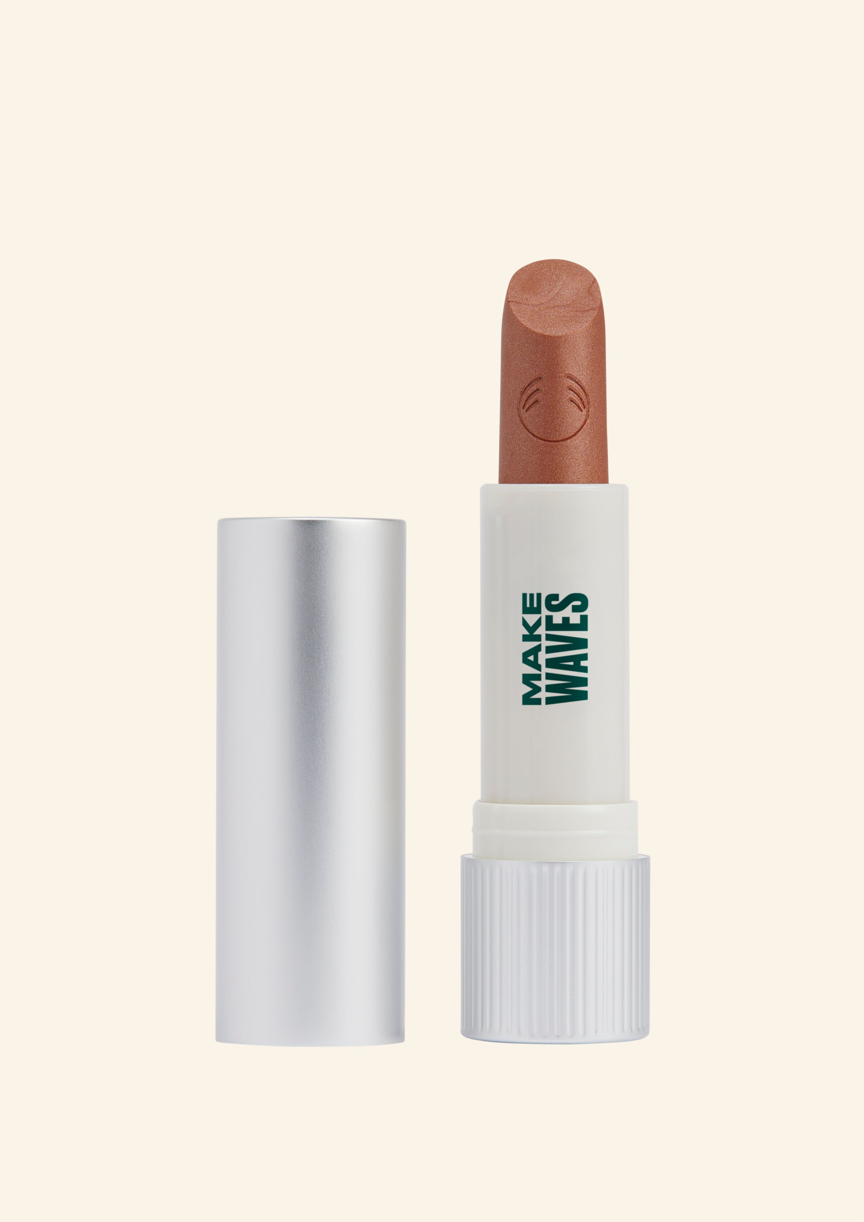 Imagen de un estuche de aluminio rellenable para el lipstick PepTalk Make Waves, mostrando su diseño compacto y reutilizable