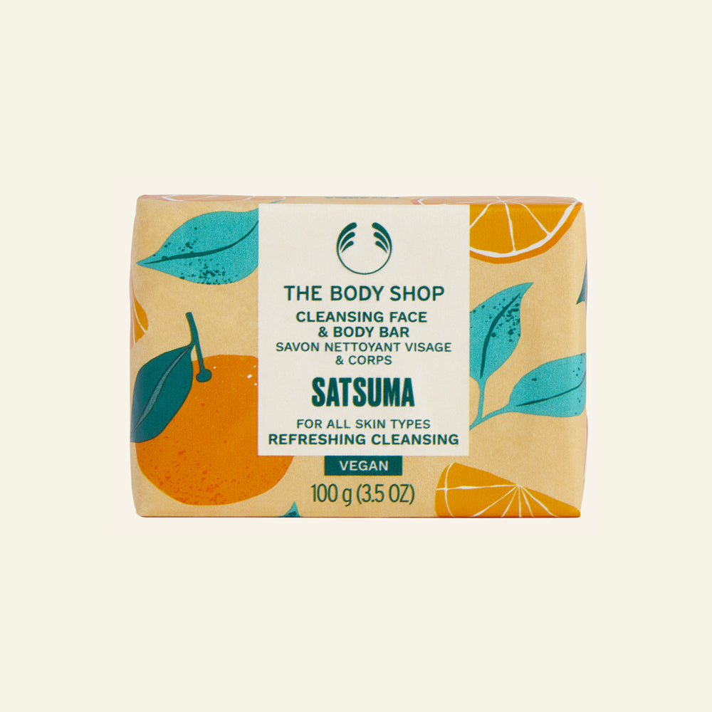 Jabón en barra Satsuma con aroma cítrico de mandarina, fórmula natural, vegana, y envase reciclable para rostro y cuerpo