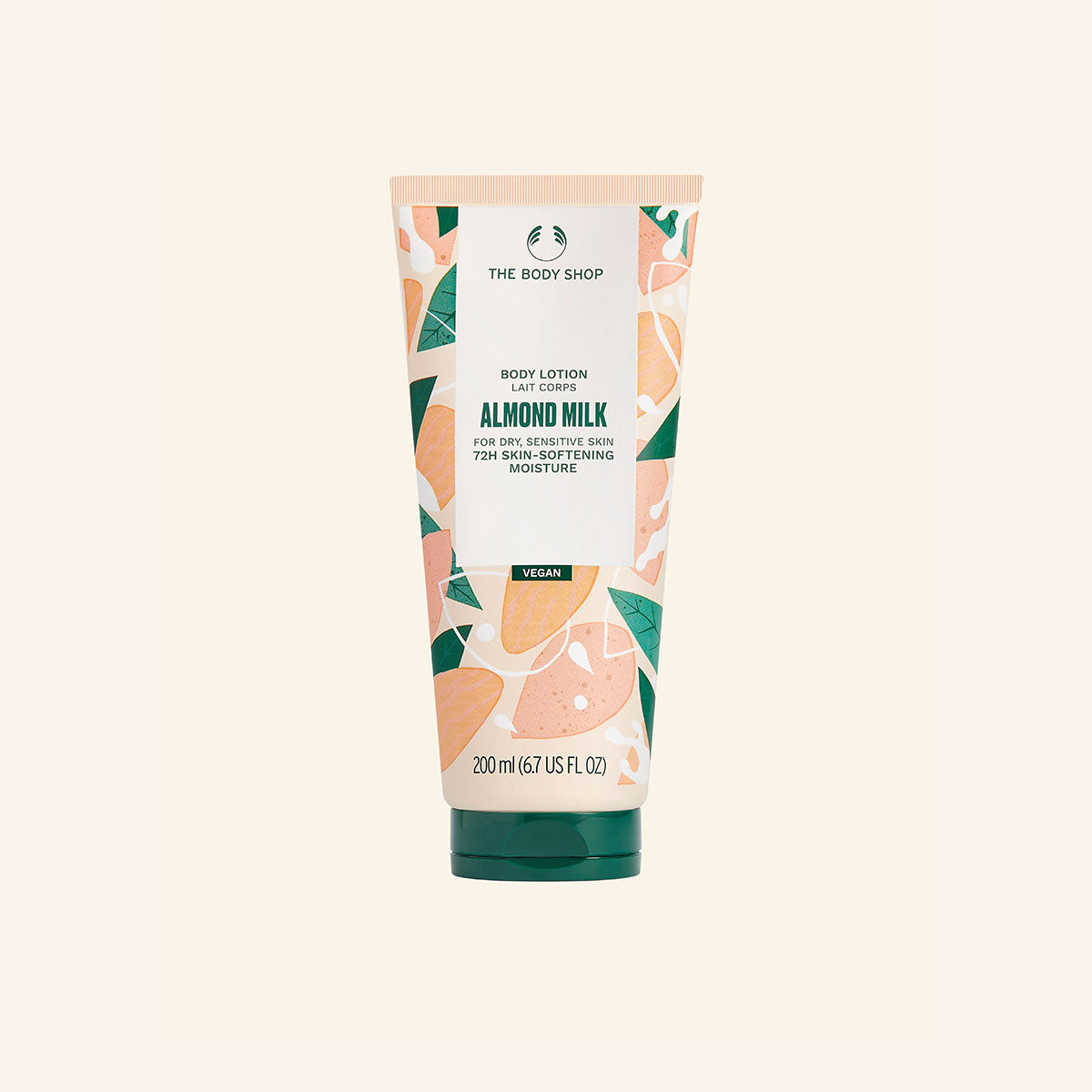 Loción corporal cremosa de leche de almendras ecológicas de comercio justo, hidratante, vegana, de rápida absorción y con aroma cremoso