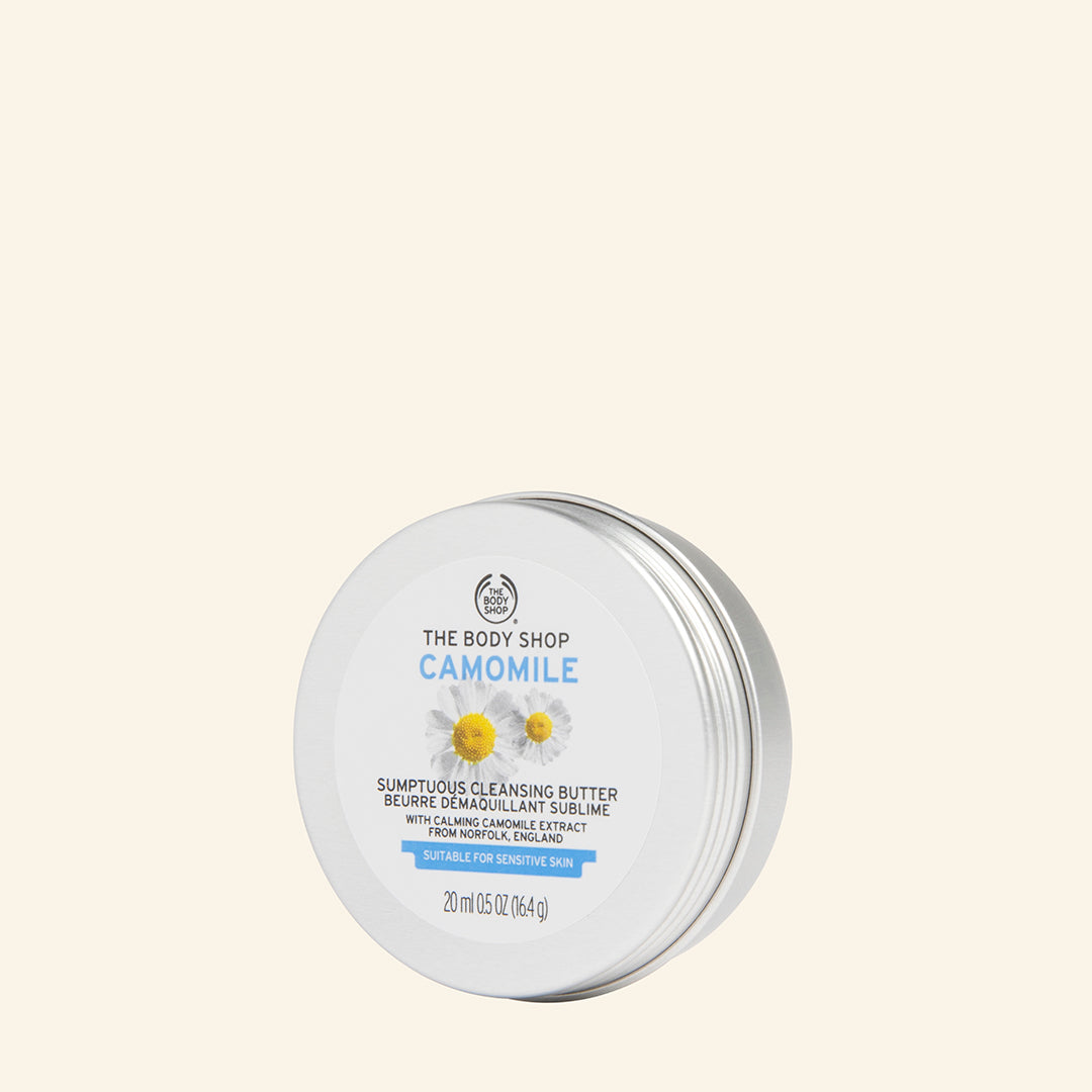 Manteca limpiadora de manzanilla para piel sensible que elimina maquillaje resistente y purifica, dejando rostro fresco, hidratado y libre de impurezas