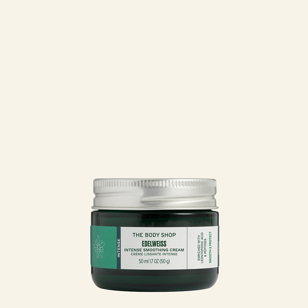 Imagen de la Crema Intensa de Día Edelweiss mostrando su envase de vidrio reciclado, con textura sedosa y enriquecida con edelweiss, diseñada para hidratación duradera, protección antioxidante y cuidado natural de la piel, adecuada para todo tipo, incluyendo piel sensible