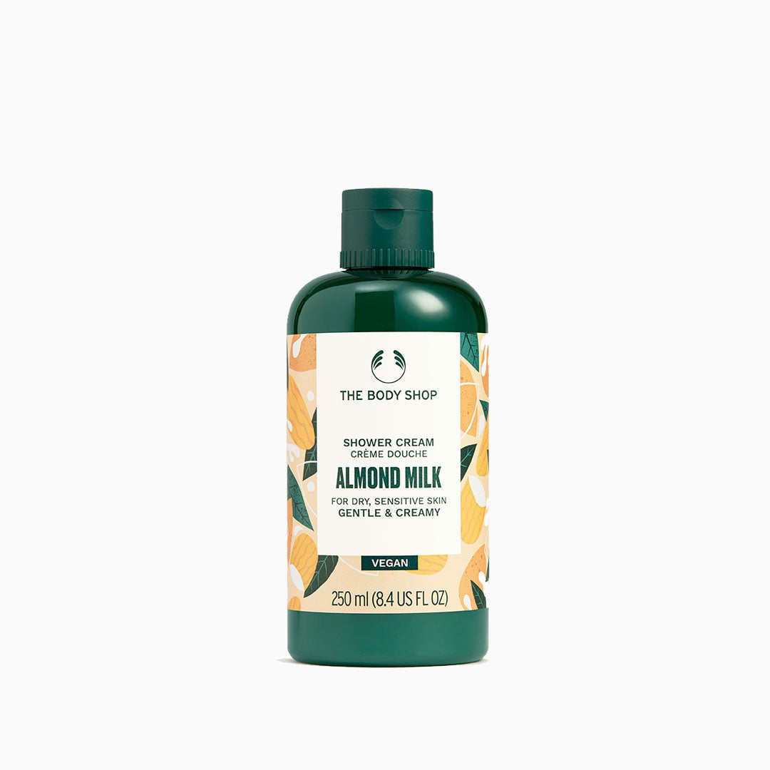 Gel de ducha cremosa con leche de almendras, botella reciclada y dosificador reutilizable