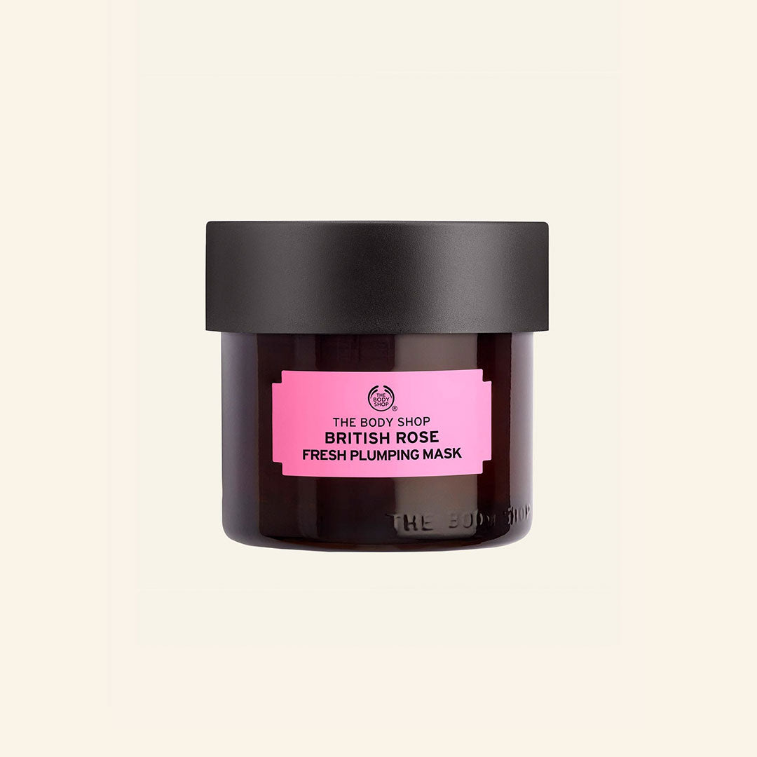 Imagen de la mascarilla facial British Rose de 75 ml en gel, con pétalos de rosa, esencia y aceite de rosa mosqueta, mostrando un envase elegante y una textura refrescante para hidratar, calmar y tonificar la piel con aroma floral y delicado