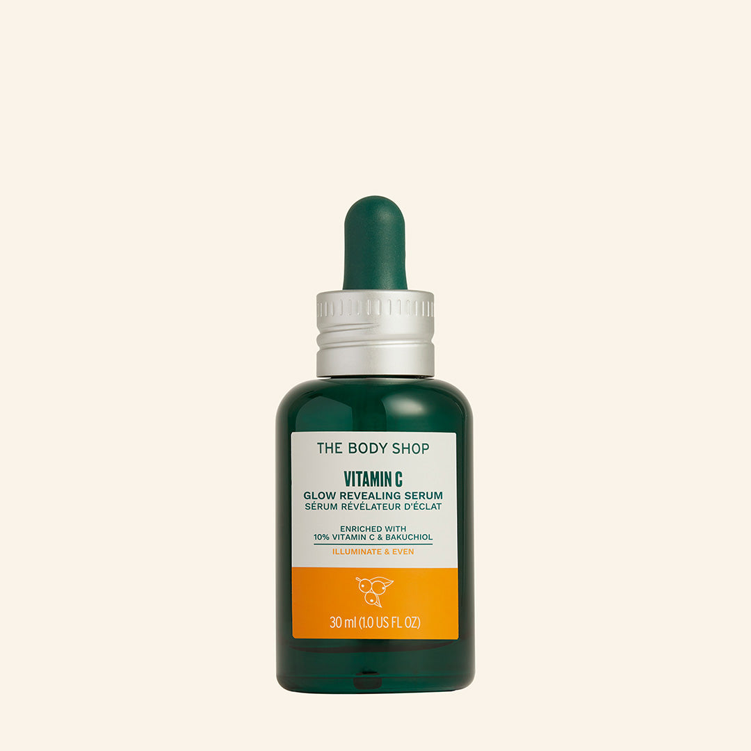 Suero iluminador de vitamina C natural con bakuchiol, envase reciclable de vidrio, ideal para revitalizar y mejorar la luminosidad de todo tipo de pieles en solo ocho semanas