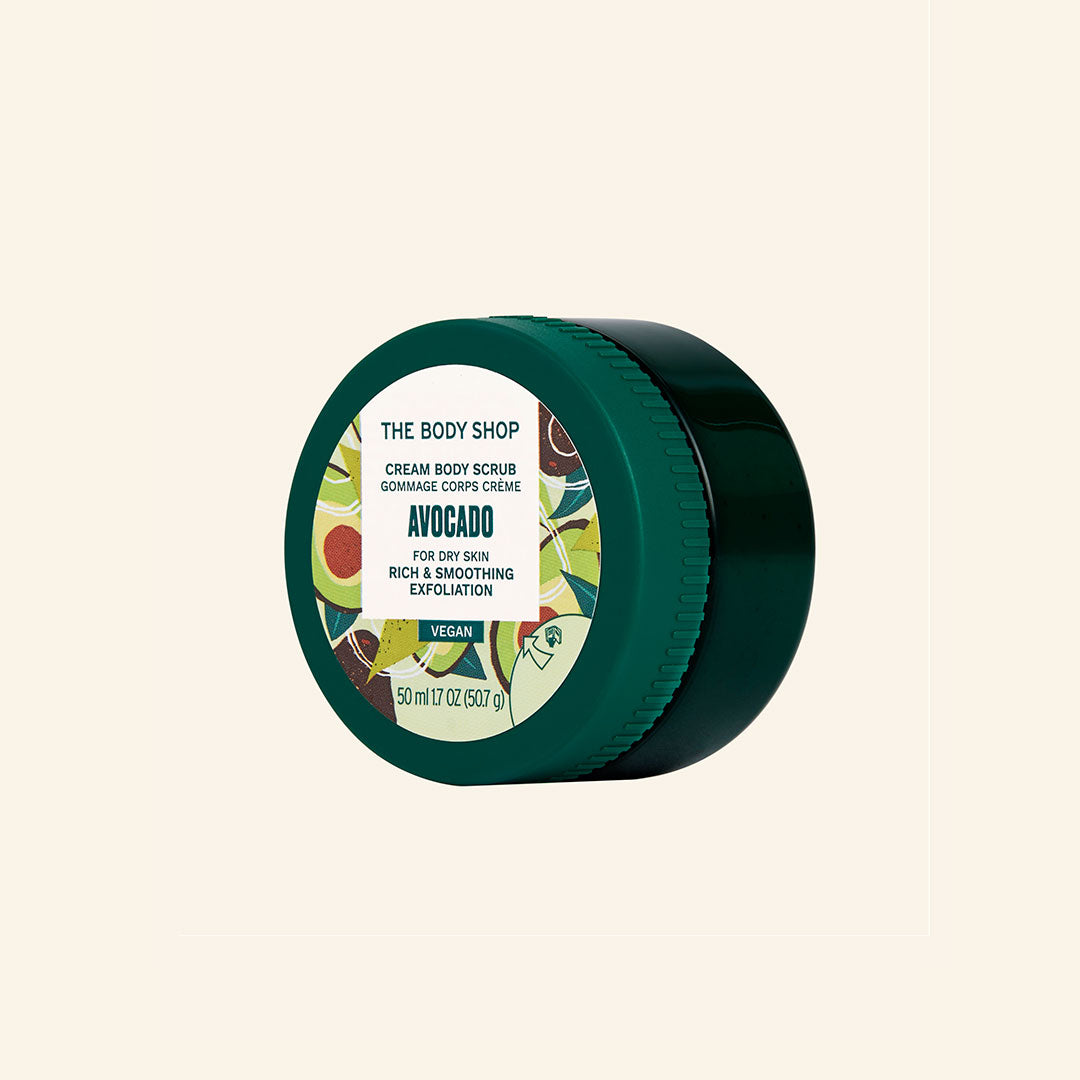 Imagen de un exfoliante corporal de aguacate de 50 ml con textura cremosa y olor delicadamente fresco, diseñado para eliminar células muertas y suavizar piel seca, elaborado con ingredientes naturales y veganos