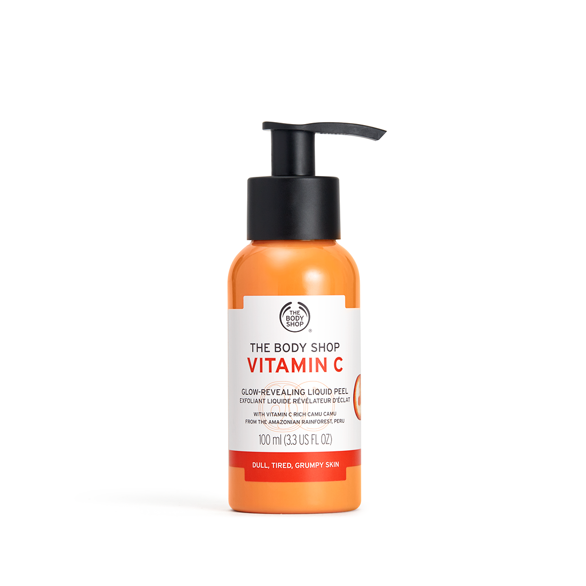 Imagen que muestra el producto Peeling líquido Vitamina C, un gel transformable en peeling con baya camu y vitamina C, diseñado para eliminar residuos y células muertas, dejando la piel radiante, fresca y saludable con pH equilibrado
