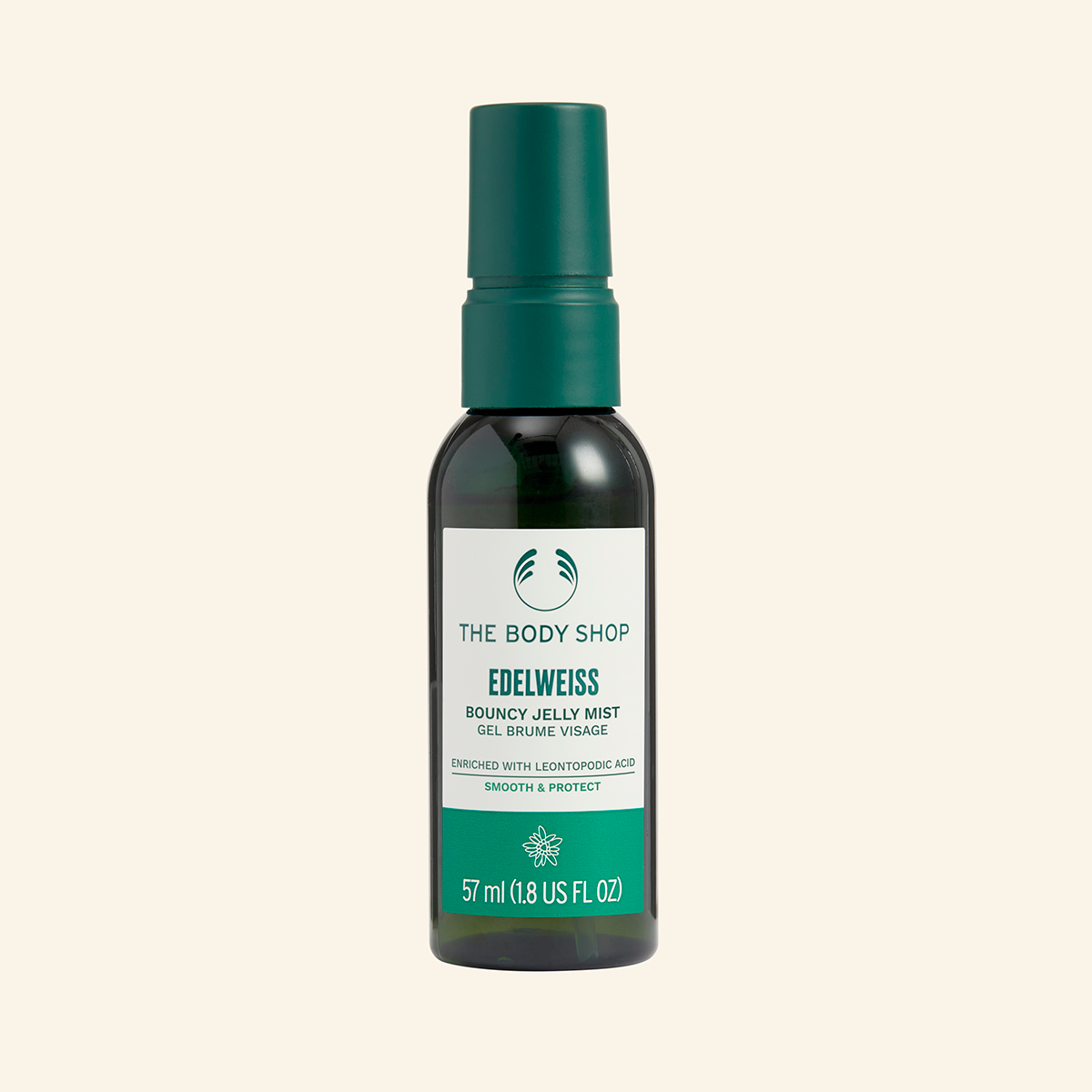Imagen de un spray facial de Mist Hidratante Edelweiss, que muestra una botella reciclable con diseño moderno y elegante, adecuada para todo tipo de pieles, que promueve una hidratación de 24 horas, protección contra contaminación y luz azul, y enriquecida con extracto de edelweiss, destacando su fórmula natural y su capacidad para dejar la piel fresca, luminosa y saludable