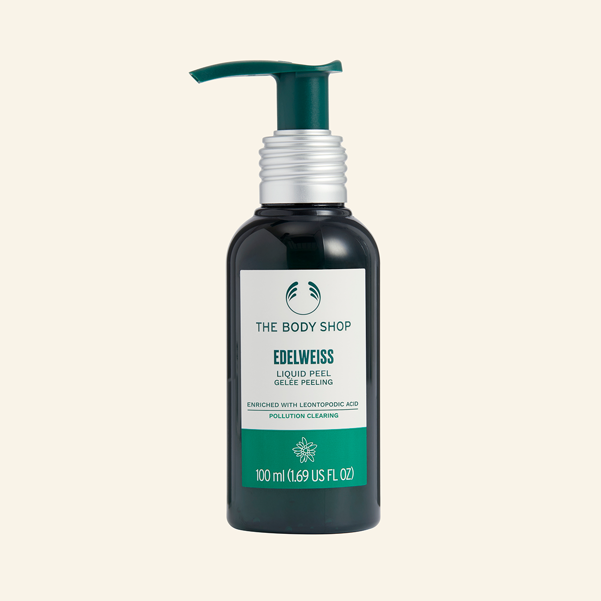 Imagen del Peeling Líquido Edelweiss, un exfoliante facial con textura gel que elimina impurezas, células muertas y contaminantes, dejando la piel más lisa, luminosa y fresca, enriquecido con extracto de edelweiss y en envase reciclable