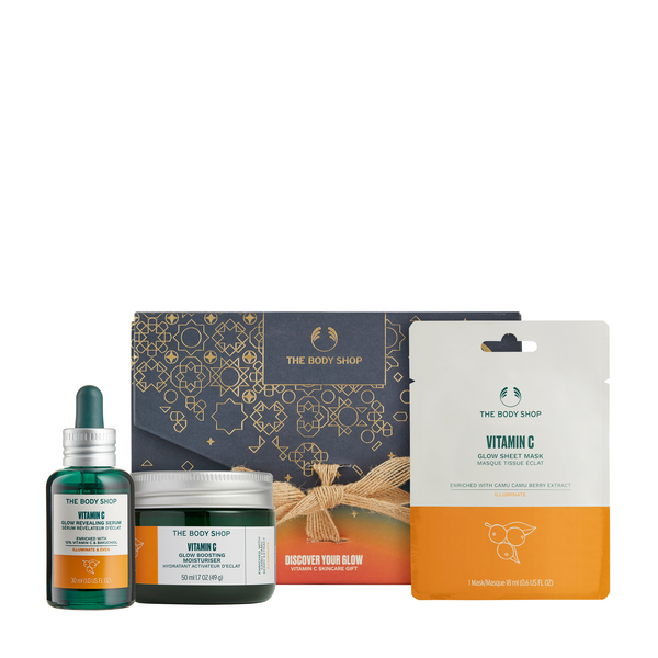 Conjunto de regalo vegano con mascarilla, sérum y crema hidratante de Vitamina C enriquecidos con Aloe Vera y extracto de baya de camu camu para potenciar la luminosidad y la textura de la piel
