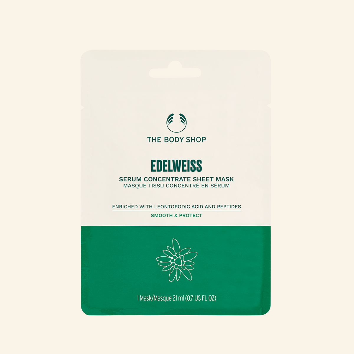 Imagen de la máscara facial Sheet Mask Concentrado Edelweiss, una mascarilla de fibra botánica enriquecida con extracto de Edelweiss, diseñada para hidratar, iluminar y rejuvenecer la piel en solo 15 minutos, adecuada para todo tipo de pieles, incluyendo las sensibles
