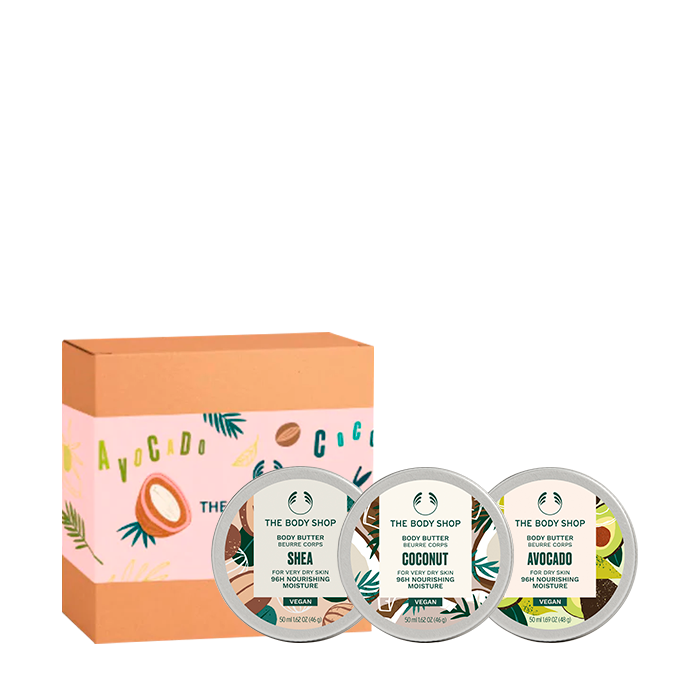 Imagen del mini conjunto de tres mantecas corporales con aromas de karité, coco y aguacate en envases de 50 ml, ideales para nutrir y humectar la piel, perfectas para llevar en la bolsa, veganas y libres de crueldad