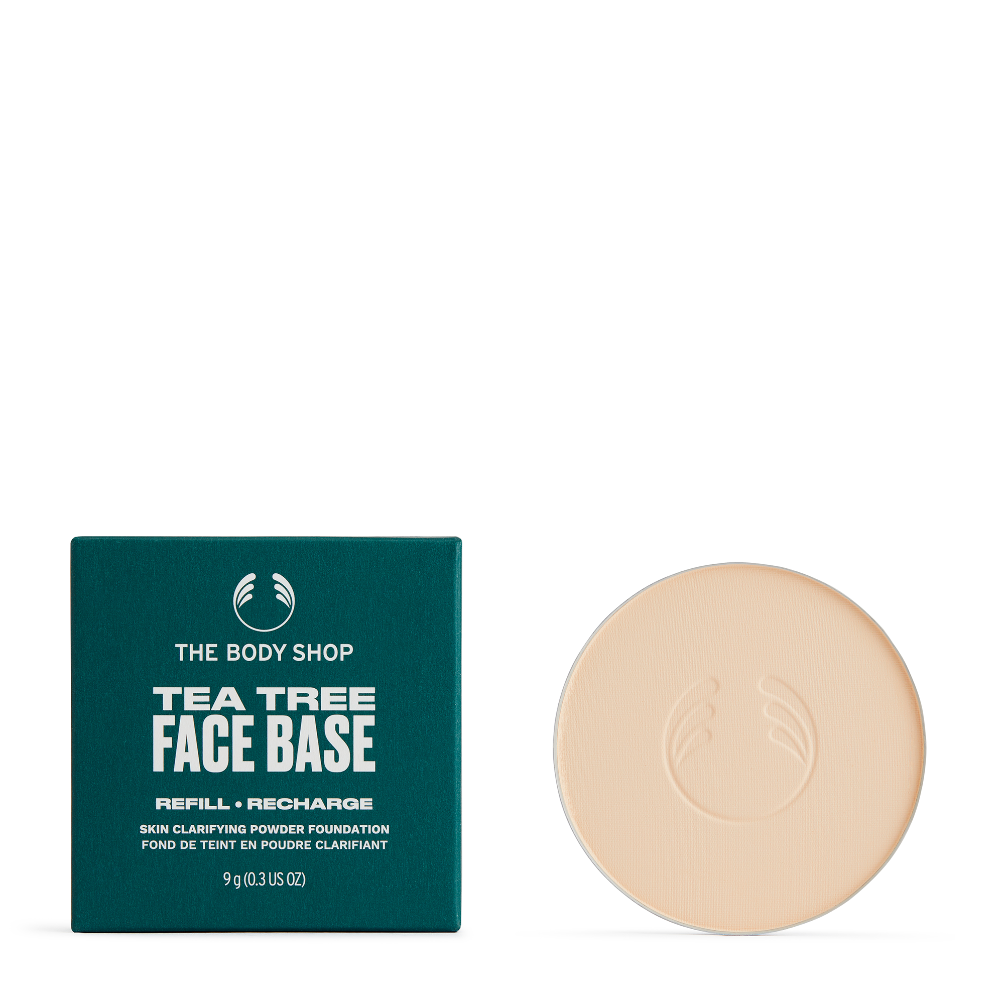Base compacta con árbol de té para piel mixta a grasa que controla el brillo, cubre imperfecciones y proporciona un acabado mate natural durante todo el día