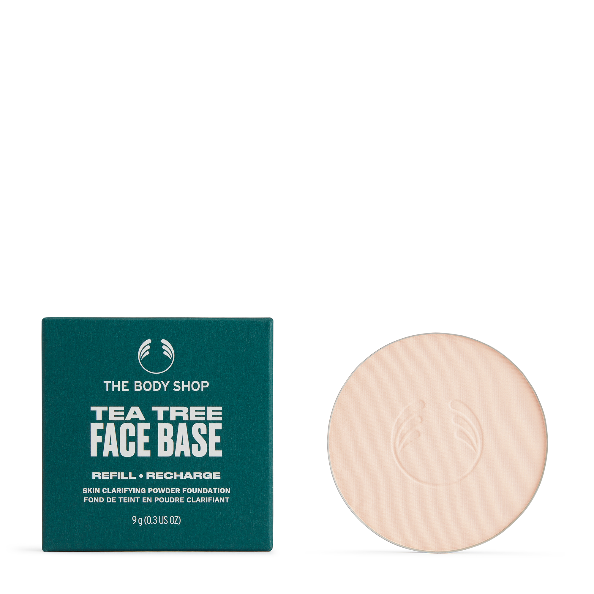 Polvo compacto mate con árbol de té purificante para pieles mixtas a grasas, controla brillo y suaviza imperfecciones para un acabado natural y fresco durante todo el día