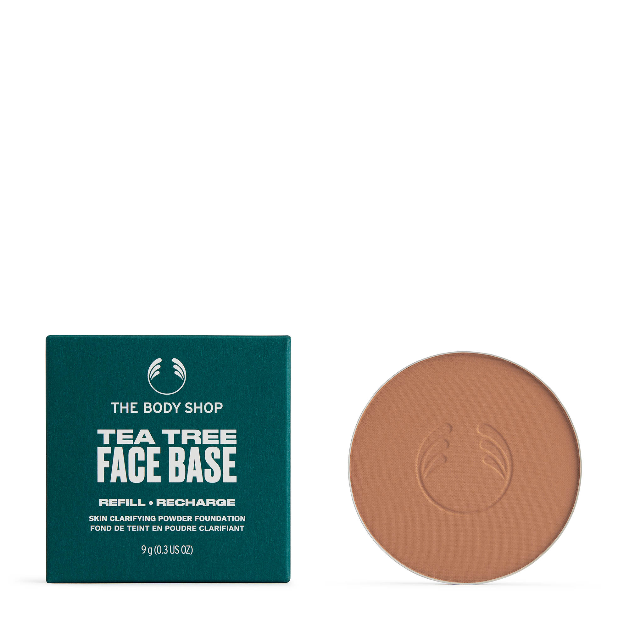 Base Compacta Tea Tree Tono Deep 1W 9G que matifica, cubre imperfecciones y controla el brillo en pieles mixtas a grasas, con ingredientes como árbol de té, talc, mica, sílice y óxido de titanio para un acabado natural y fresco