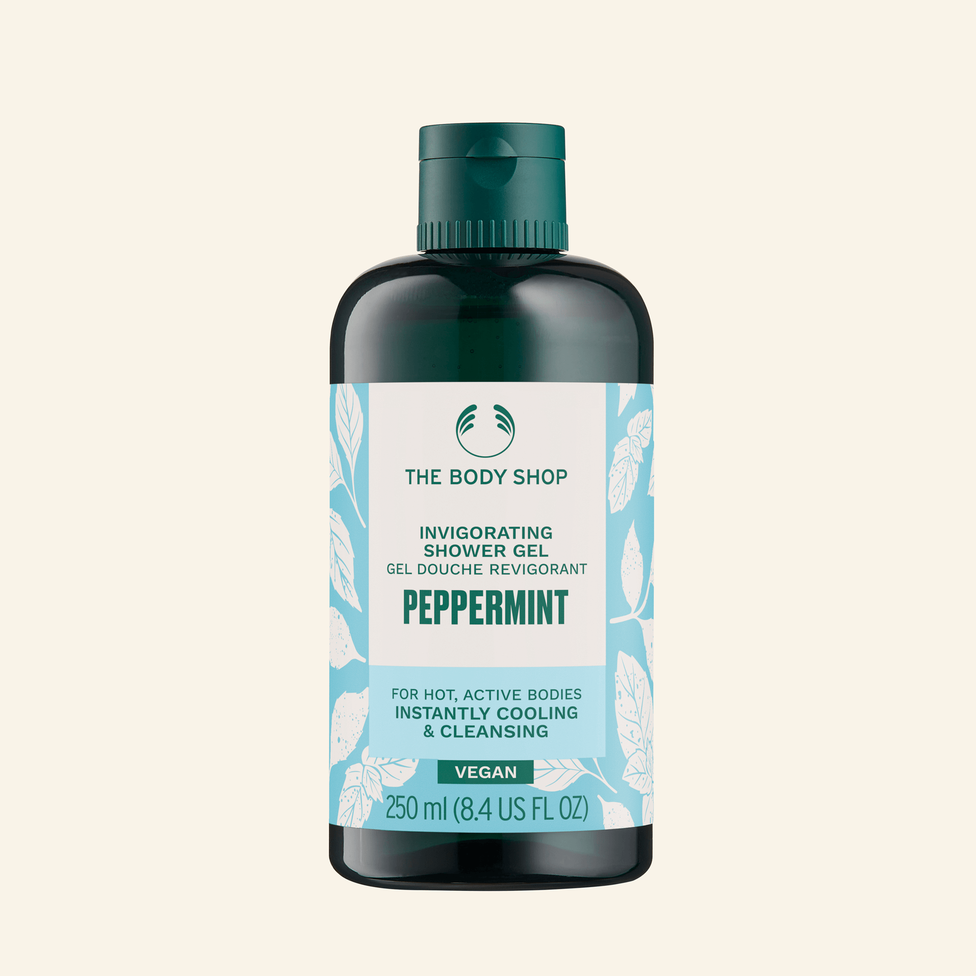 Gel de ducha vigorizante con menta, espuma refrescante, ingredientes naturales, certificado vegano, ideal para días calurosos y actividades físicas