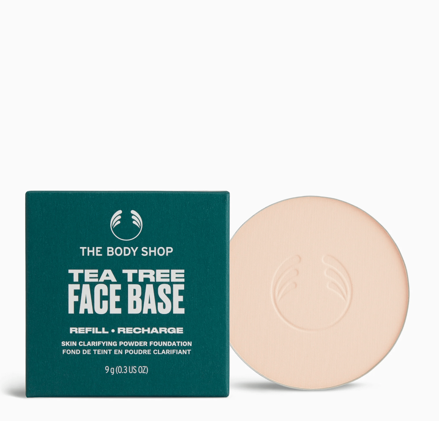 Producto de maquillaje en forma de base compacta con tono fair y ingredientes de árbol de té, peso de 9 gramos