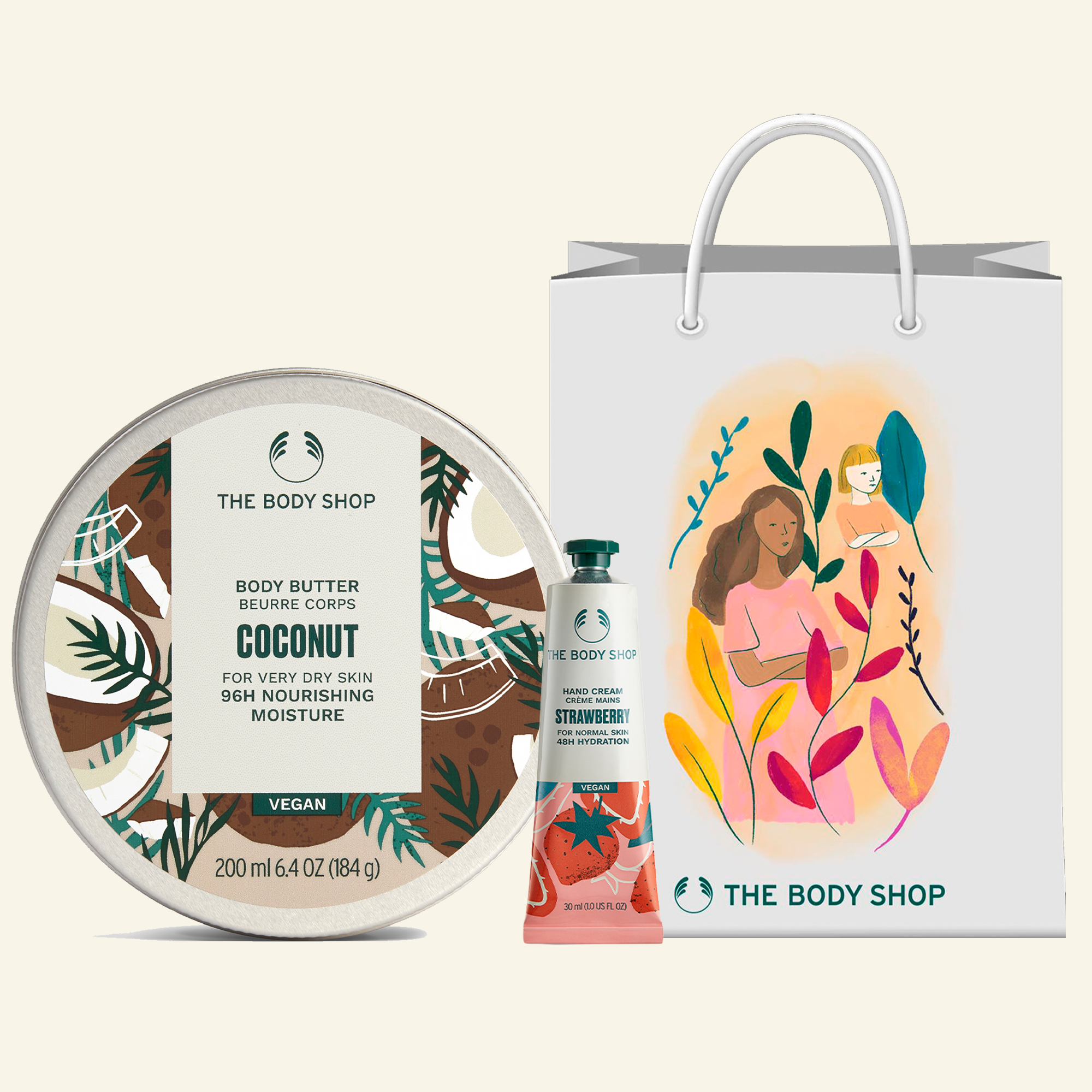 Set de regalo Dúo Coconut + Strawberry, con productos de coco y fresa para el cuidado de la piel