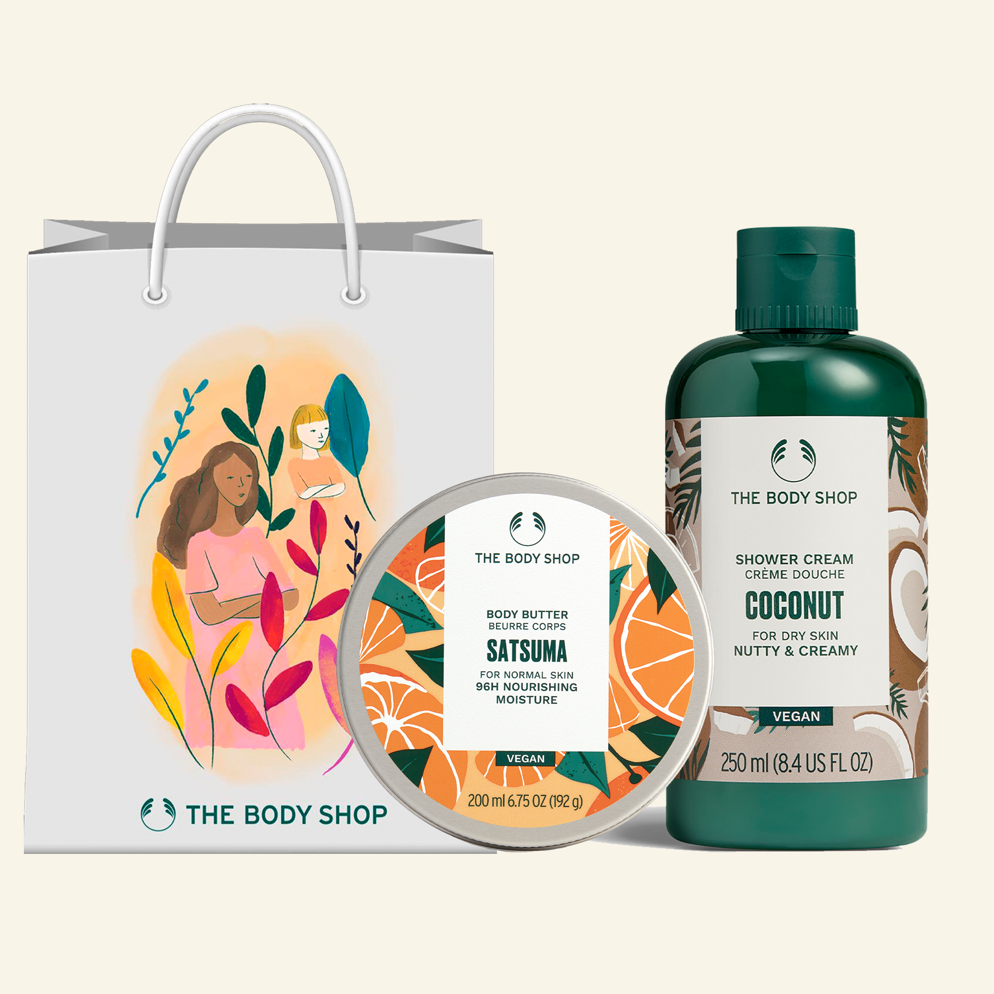 Set de regalo Dúo Satsuma + Coconut: imagen de dos botellas de productos de baño exfoliantes y humectantes con aroma a satsuma y coco, ideal para regalar o disfrutar en casa