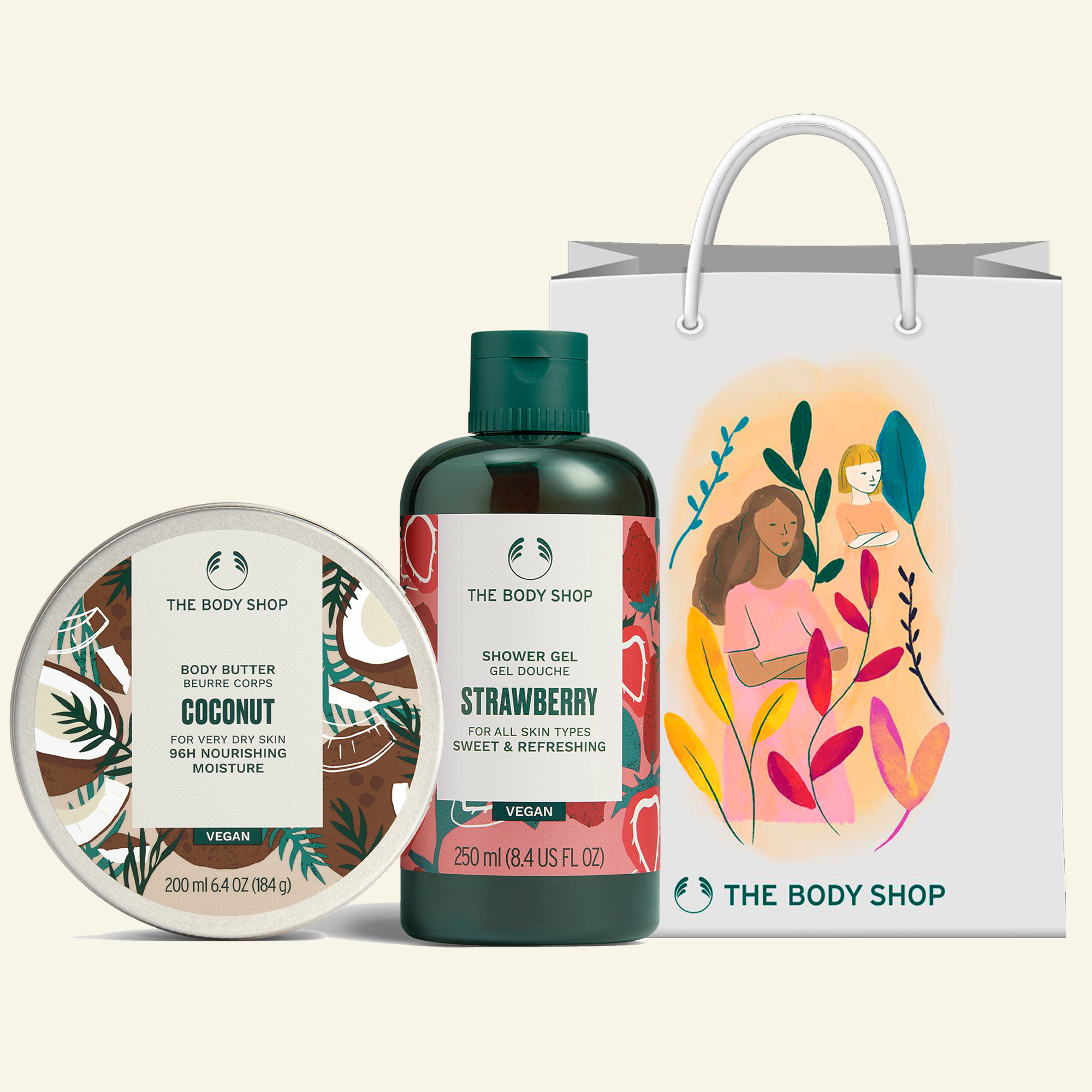 Imagen de un set de regalo dúo de Coconut + Strawberry, perfecto para regalar a tus seres queridos en cualquier ocasión especial, con productos de alta calidad y exquisitos aromas a coco y fresa