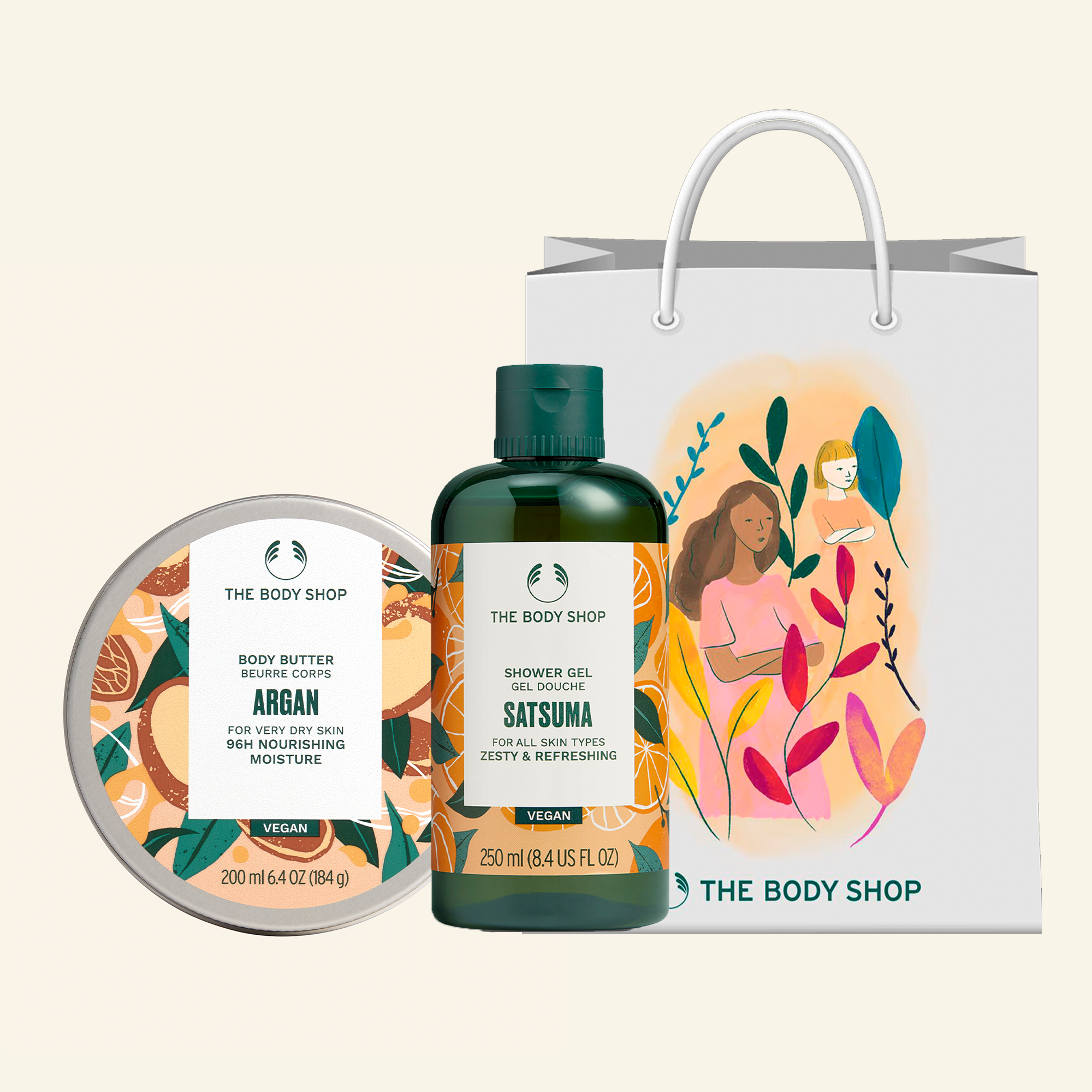 Set de regalo Dúo Argan + Satsuma que incluye aceite de argán y gel de ducha de satsuma