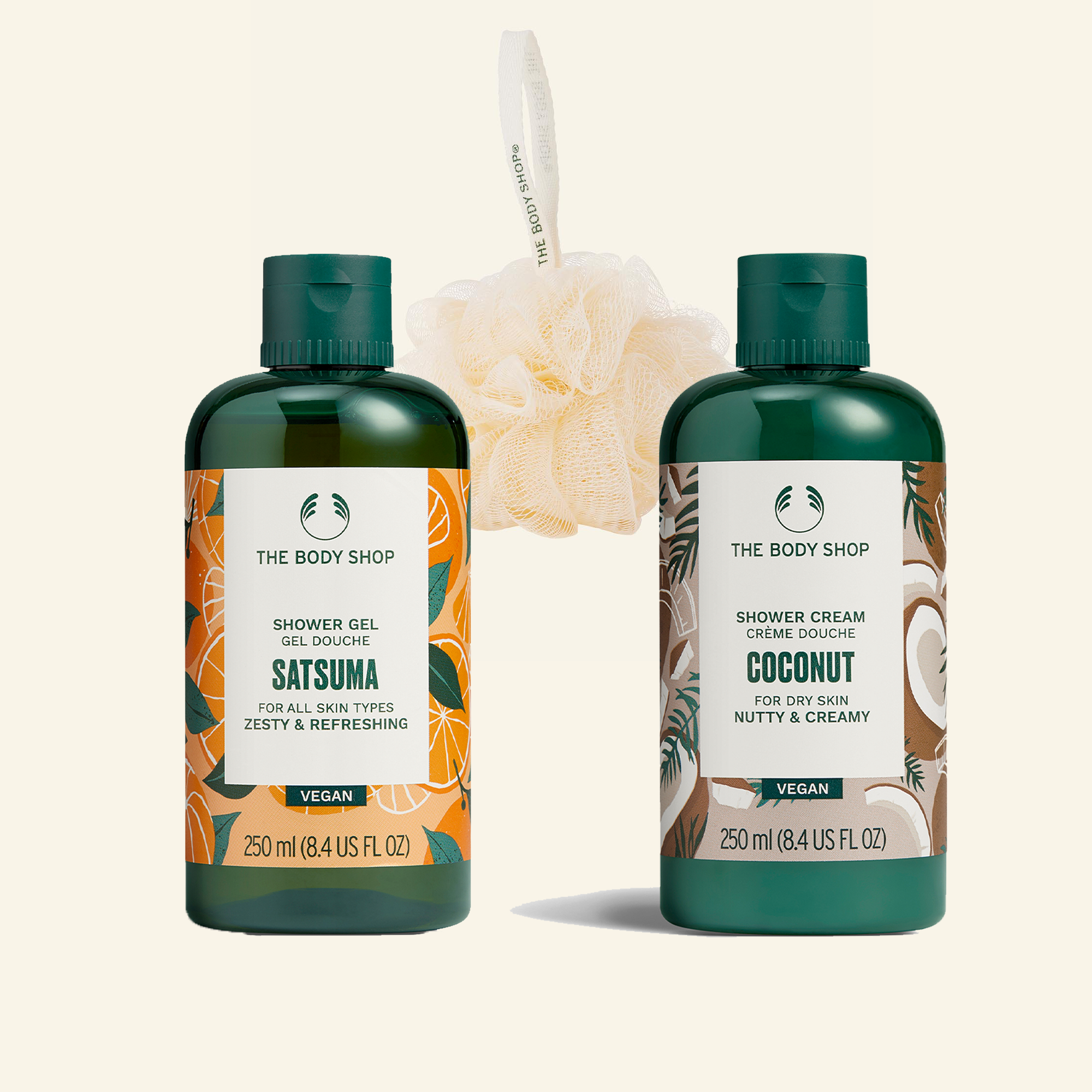 Imagen de Trío de Ducha Satsuma + Coconut, un producto de cuidado personal con aroma a cítricos y coco, ideal para la relajación y limpieza de la piel en la ducha
