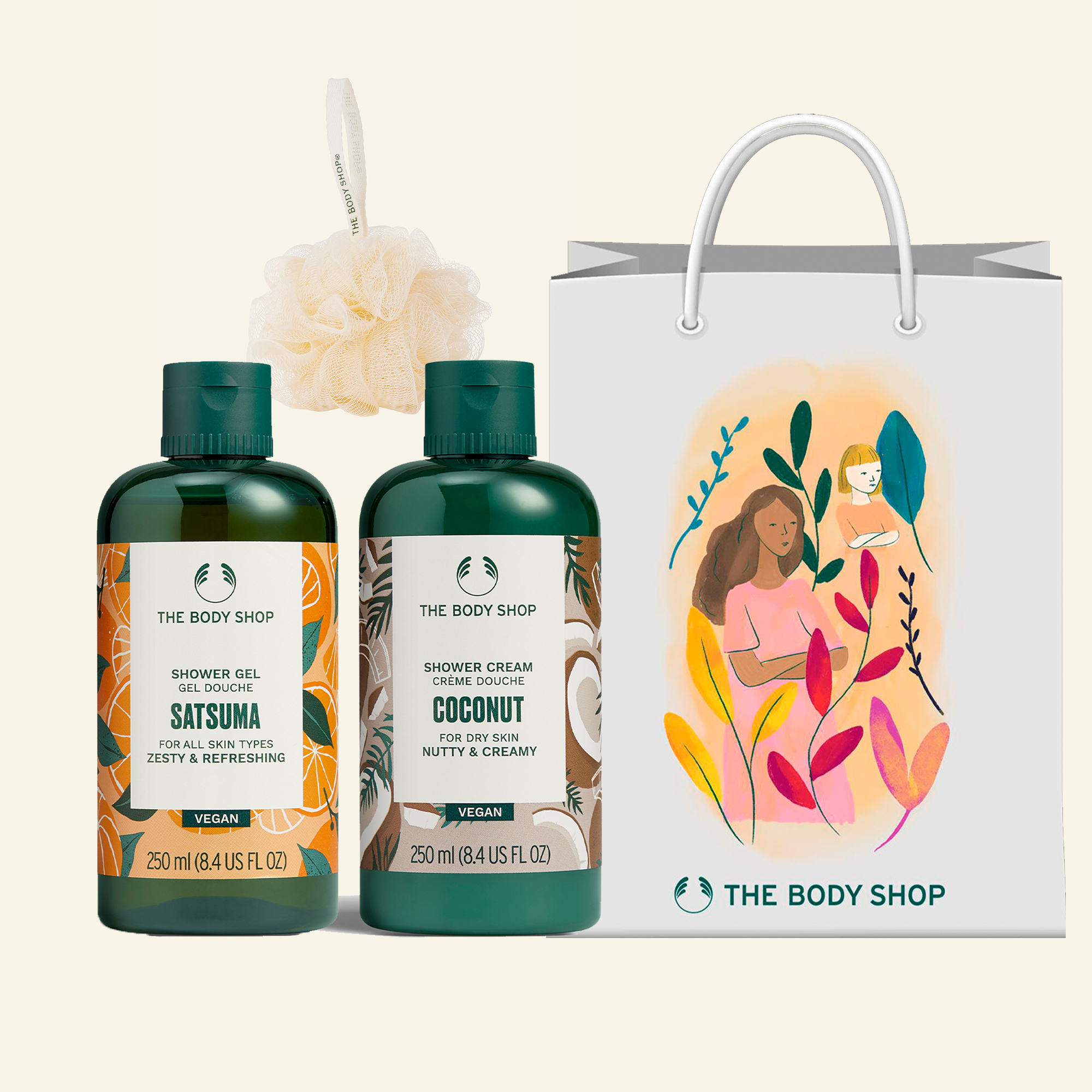 Imagen de un set de regalo Trío de Ducha Satsuma + Coconut, productos de cuidado corporal con aromas cítricos y tropicales ideales para una experiencia revitalizante y refrescante en la ducha