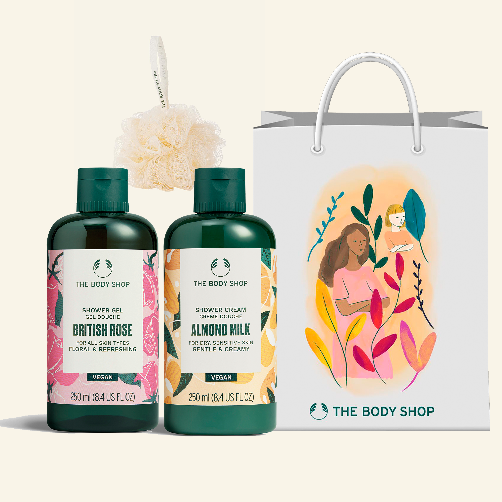 Set de regalo con gel de ducha British Rose, loción corporal y exfoliante de almendra