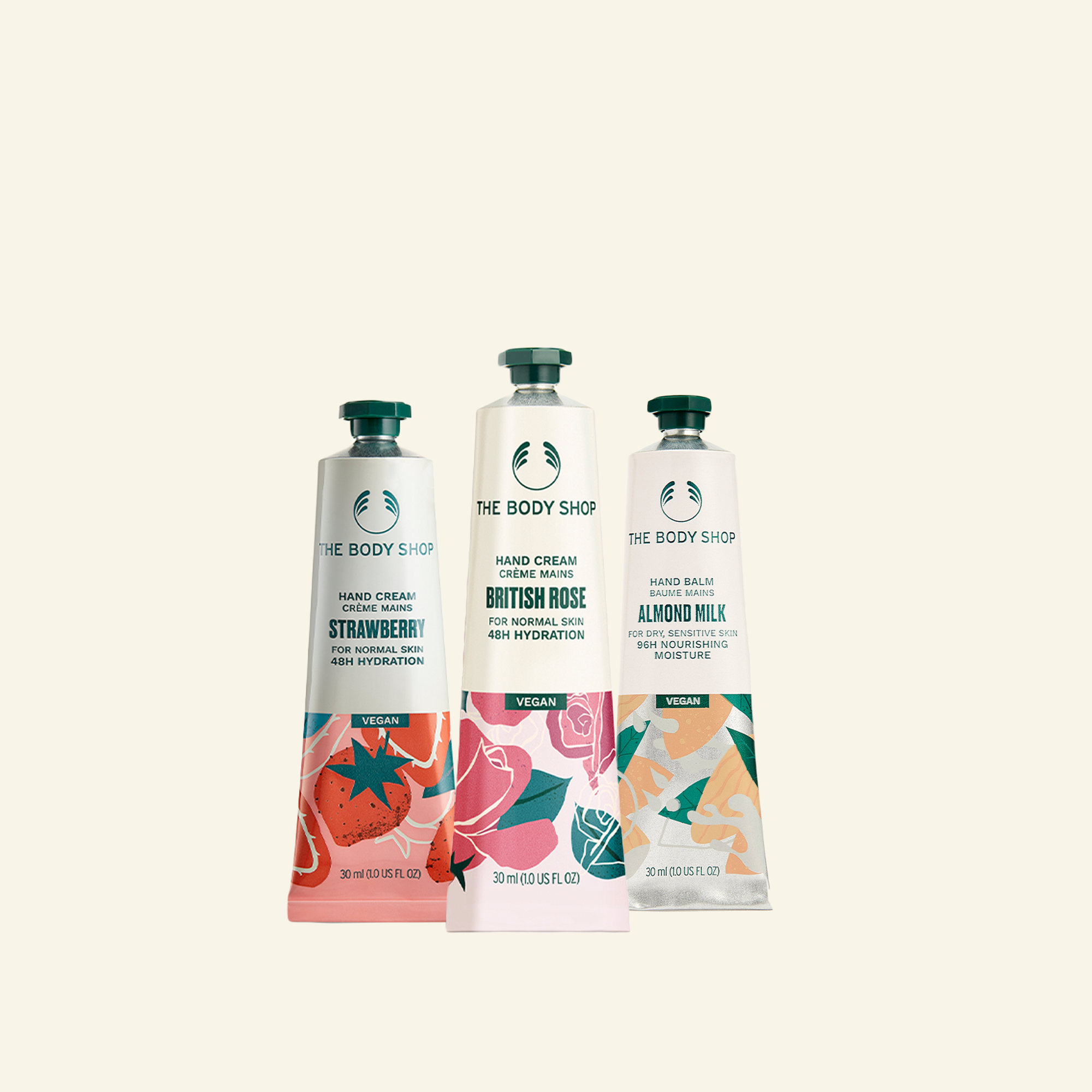 Conjunto de tres cremas para manos en envases elegantes, ideal para cuidado y hidratación de la piel de manos