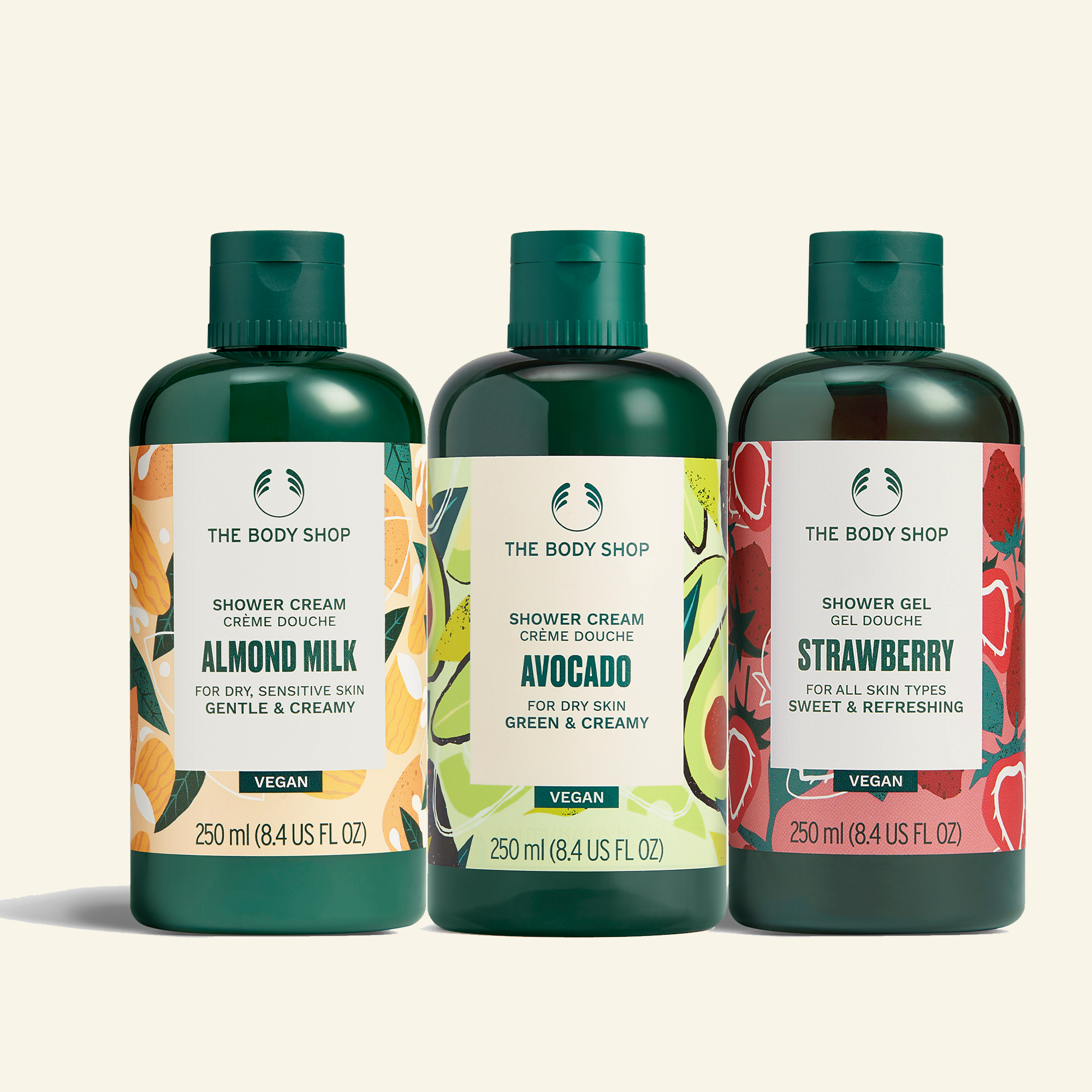 Trío de Ducha Strawberry + Almond Milk + Avocado - Producto de cuidado corporal con delicioso aroma a fresa, leche de almendras y aguacate