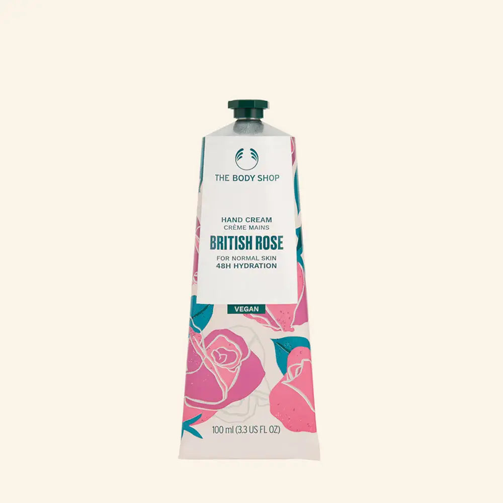 Close-up image of a 100 ml bottle of Crema de Manos British Rose hand cream, with luxurious rose scent and moisturizing formula