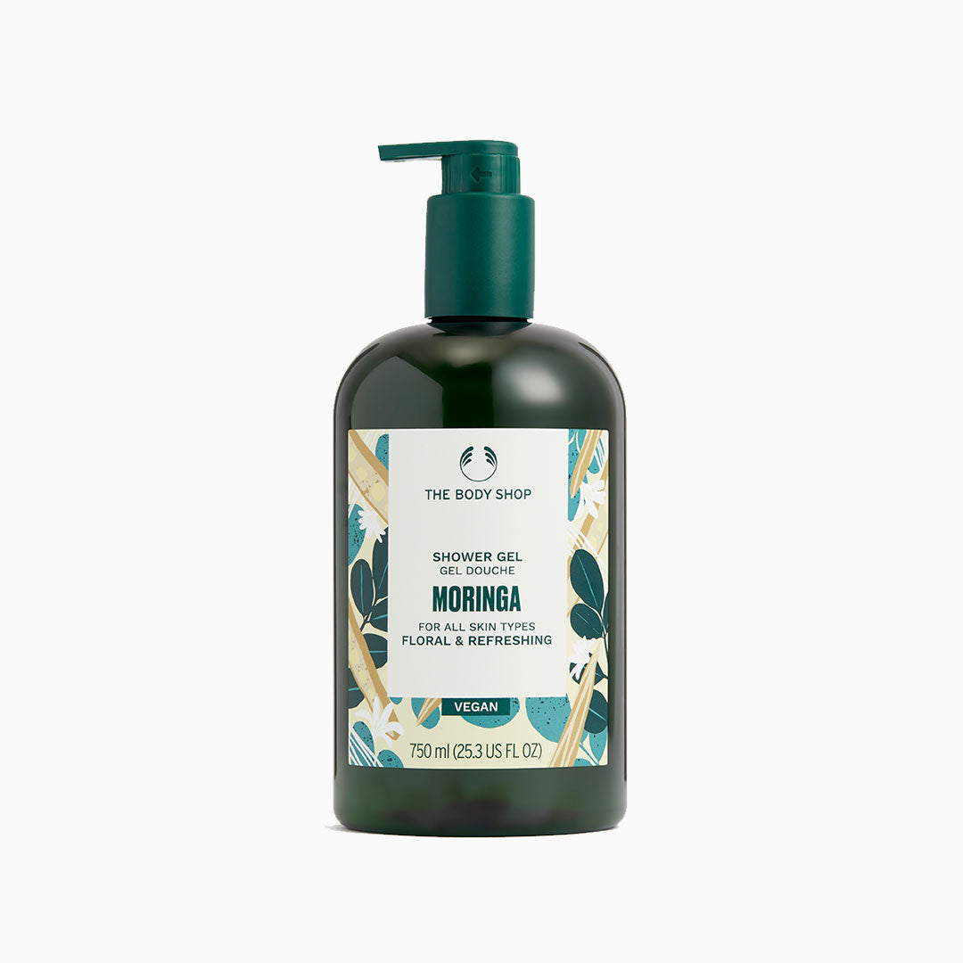 Gel de ducha de Moringa en botella de 750 ml con fórmula hidratante y fragancia fresca