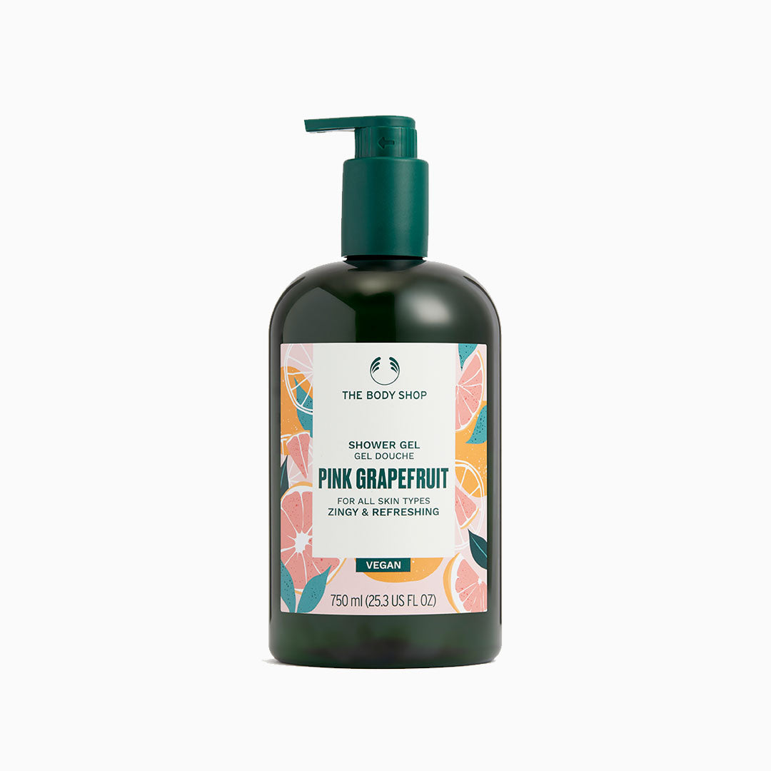 Gel de ducha espumoso con fragancia de toronja rosa mostrando su envase de 750 ml con dispensador reciclable