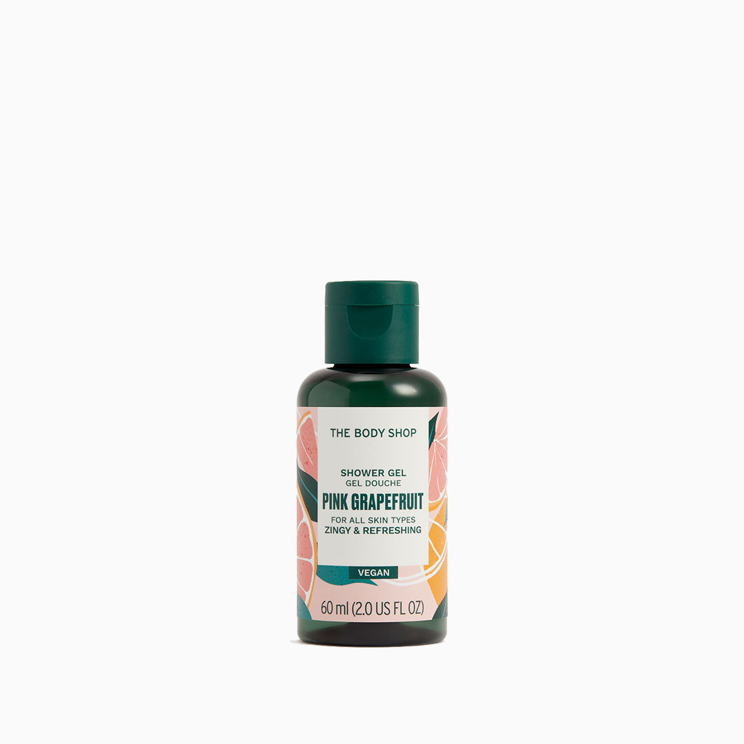 Gel de ducha de 60 ml con fragancia de toronja rosa, espuma burbujeante y envase reciclado