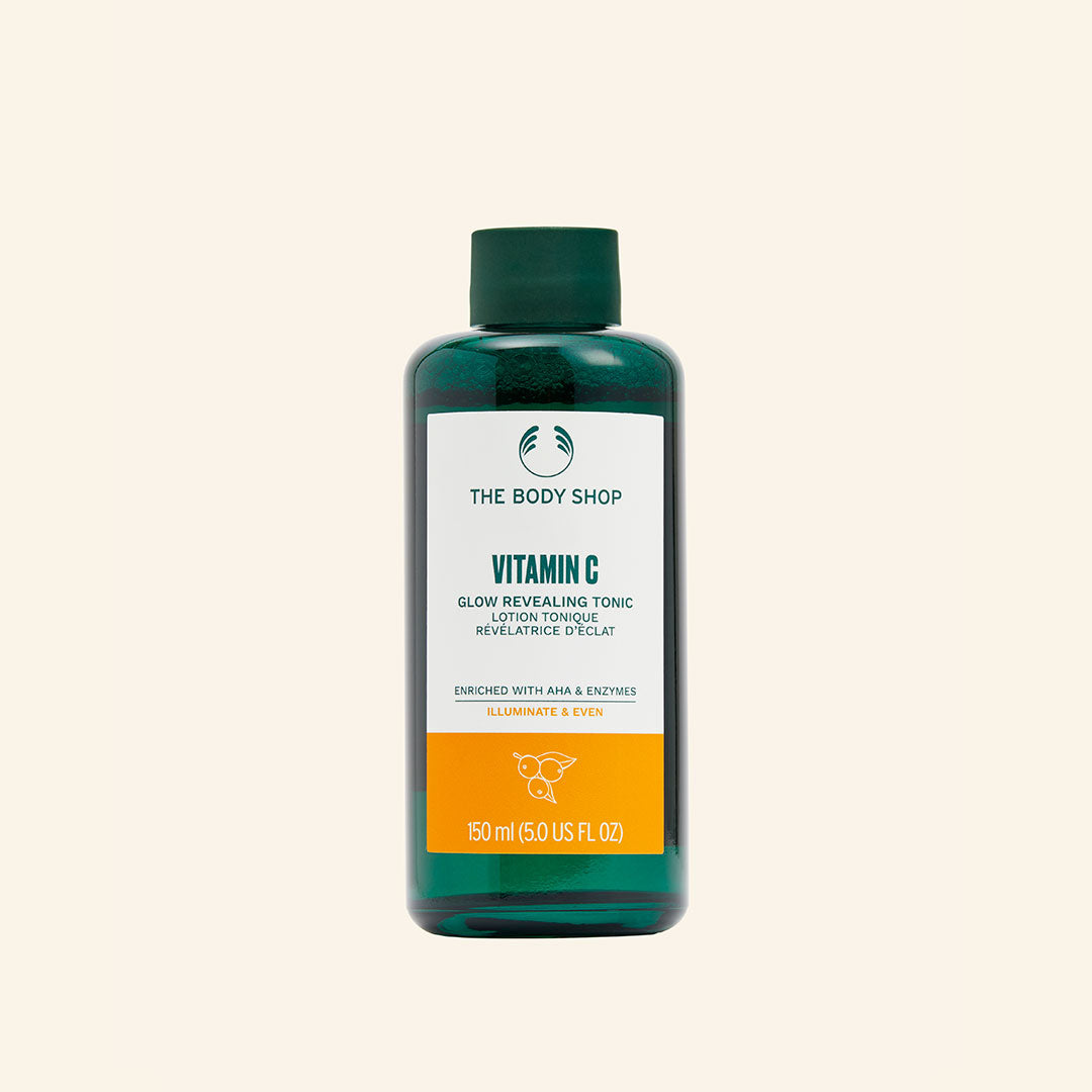 Imagen del Tónico Iluminador de Vitamina C mostrando su textura que cambia de gel a peeling, enriquecido con baya de camu camu y diseñado para exfoliar suavemente la piel y potenciar su luminosidad