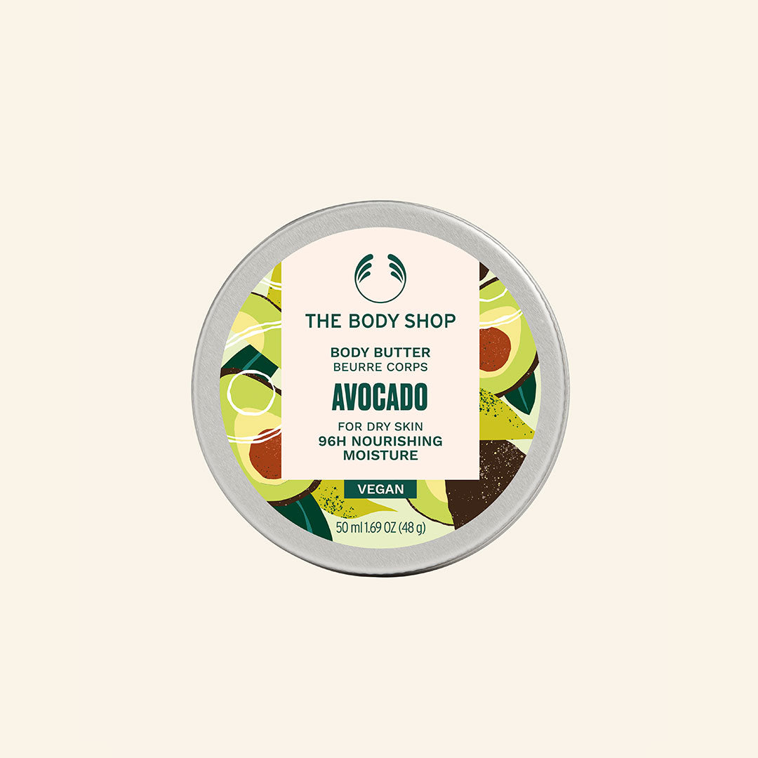 Manteca corporal de Aguacate Hass de 50 ml, con ingredientes naturales, certificado vegano y en envase reciclado, ideal para hidratar y nutrir piel seca y propensa a la sequedad
