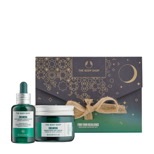 Imagen del Set de Regalo Rutina de Edelweiss que incluye sérum concentrado diario y crema hidratante facial, ambos veganos, con ingredientes naturales, envueltos en un packaging atractivo, ideal como regalo para cuidar y revitalizar la piel, ofreciendo hidratación de 24 horas, protección contra la contaminación y apoyando el comercio justo con aceite de semilla de moringa de Ruanda